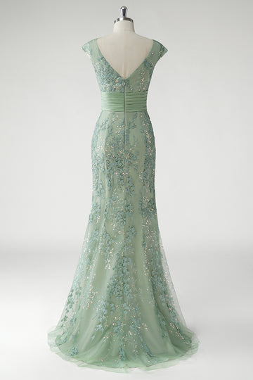 Mermaid Sequined Applique V Neck Green Mother of the Bride Dress